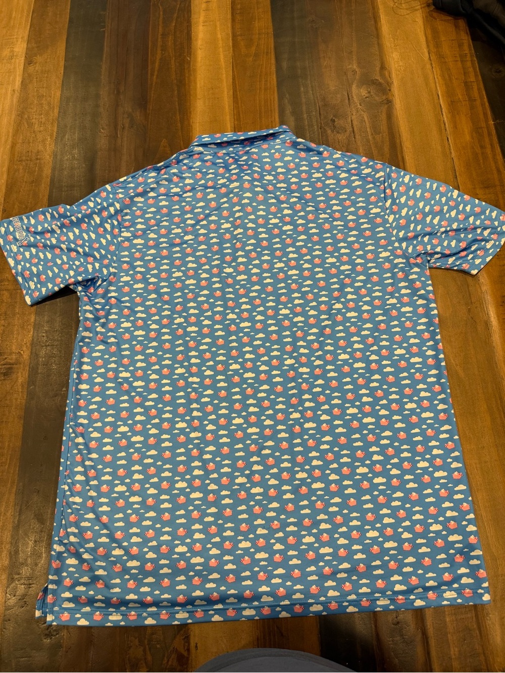 Light Blue Short-Sleeve Polo with Pink & White Cloud Print - Picture 4 of 5